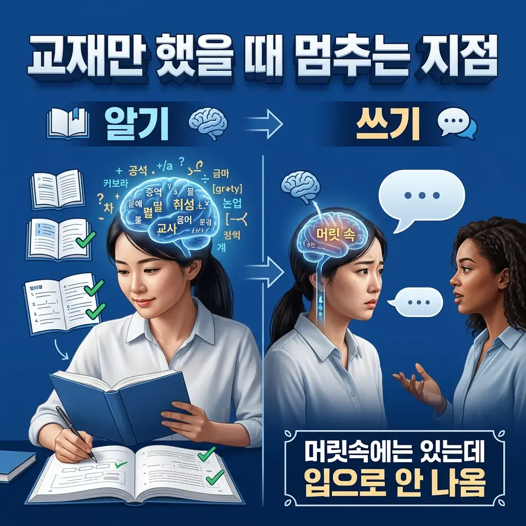 교재만 했을 때 실력이 멈추는 지점을 보여주는 도식