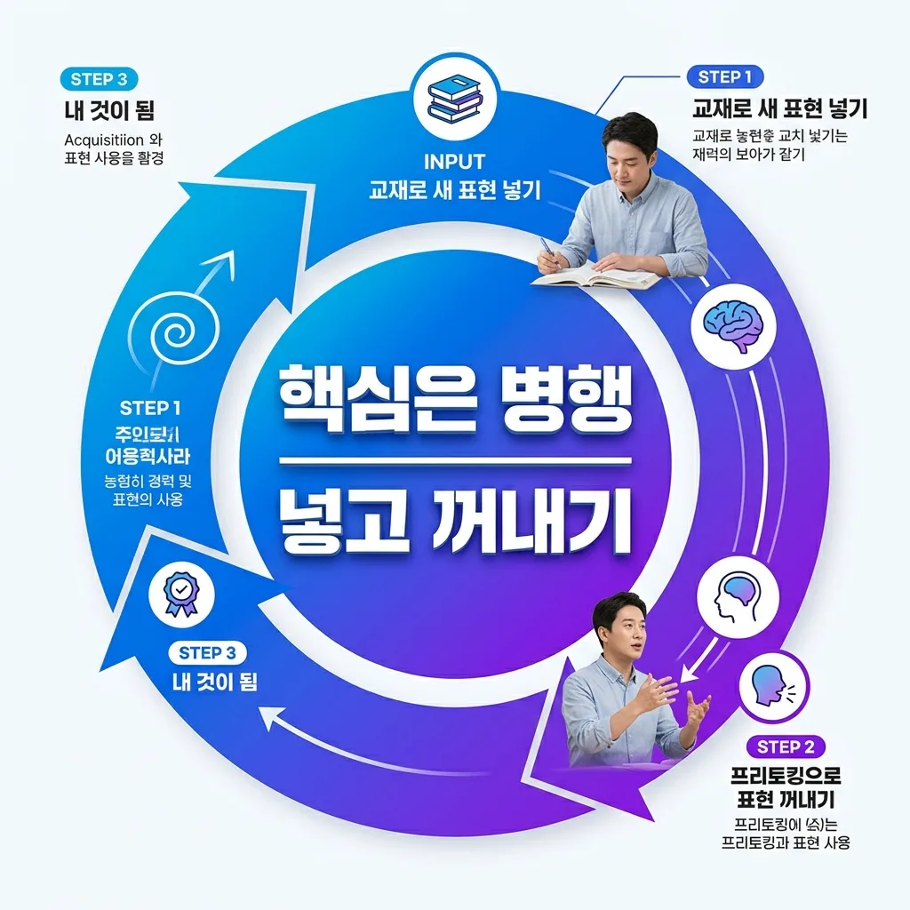 교재로 넣고 프리토킹으로 꺼내는 병행의 핵심 원리 인포그래픽