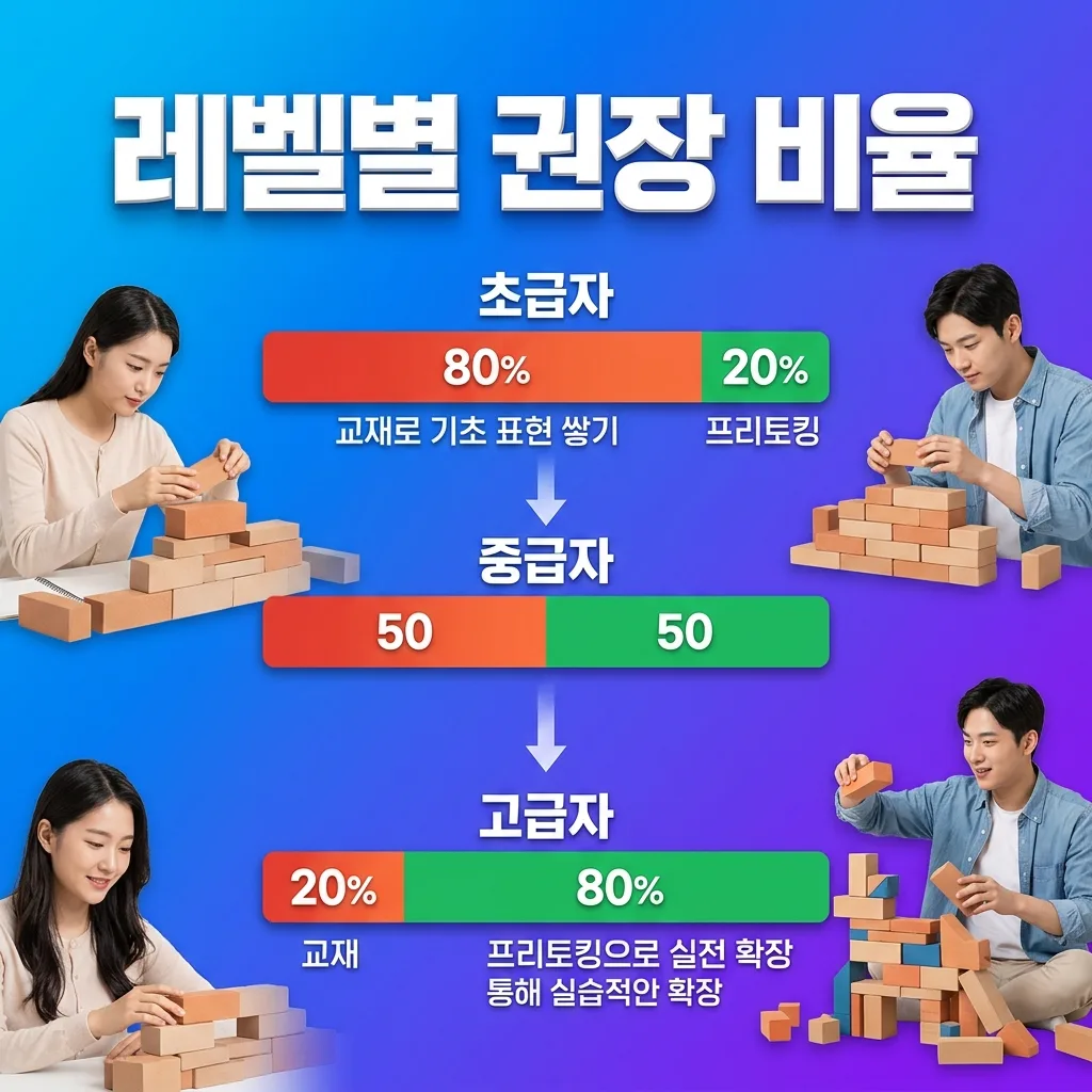 영어 초급 중급 고급 레벨별 프리토킹과 교재 권장 비율을 비교한 도표