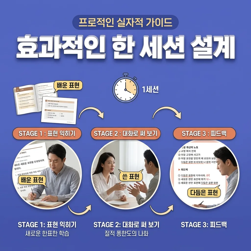 교재에서 대화로 자연스럽게 이어지는 한 세션 설계 단계 도식
