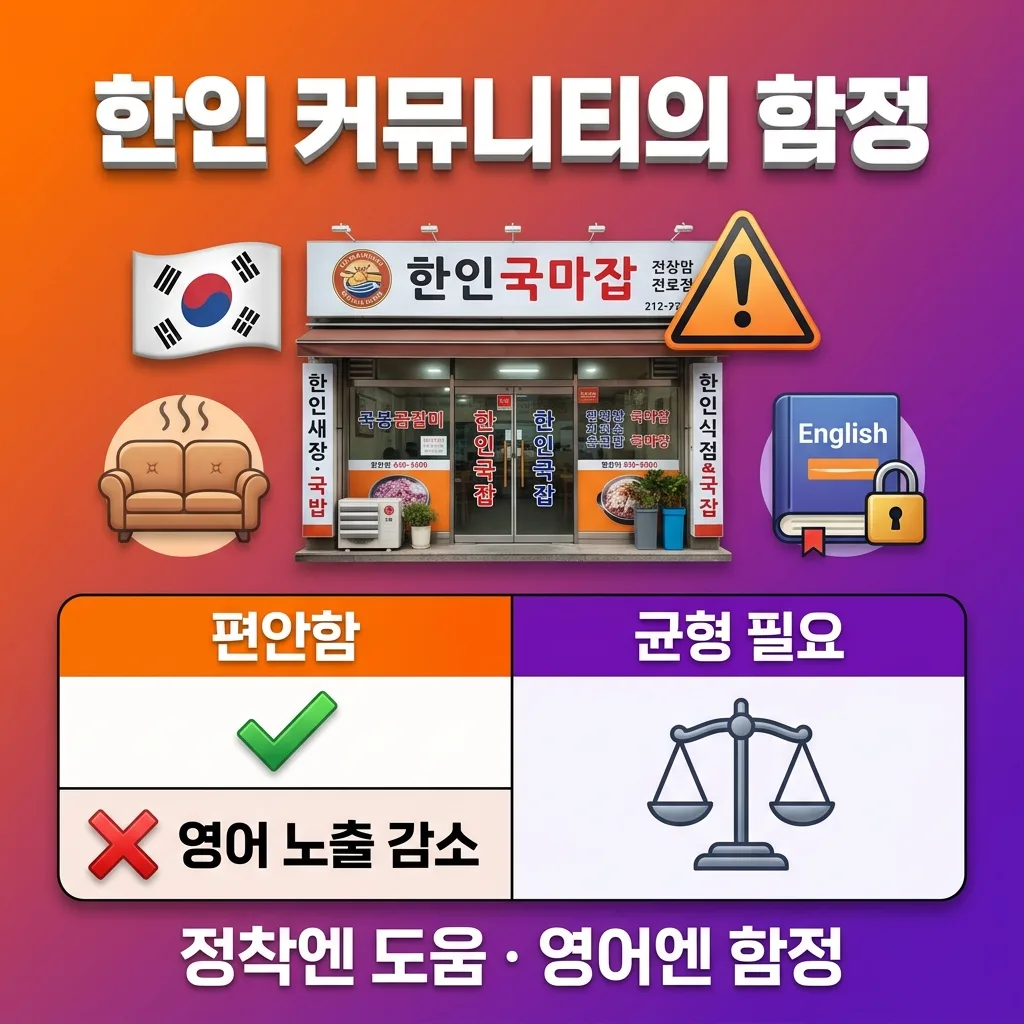 워홀 한인 커뮤니티의 함정 편하지만 영어는 멈춘다는 점을 보여주는 카드