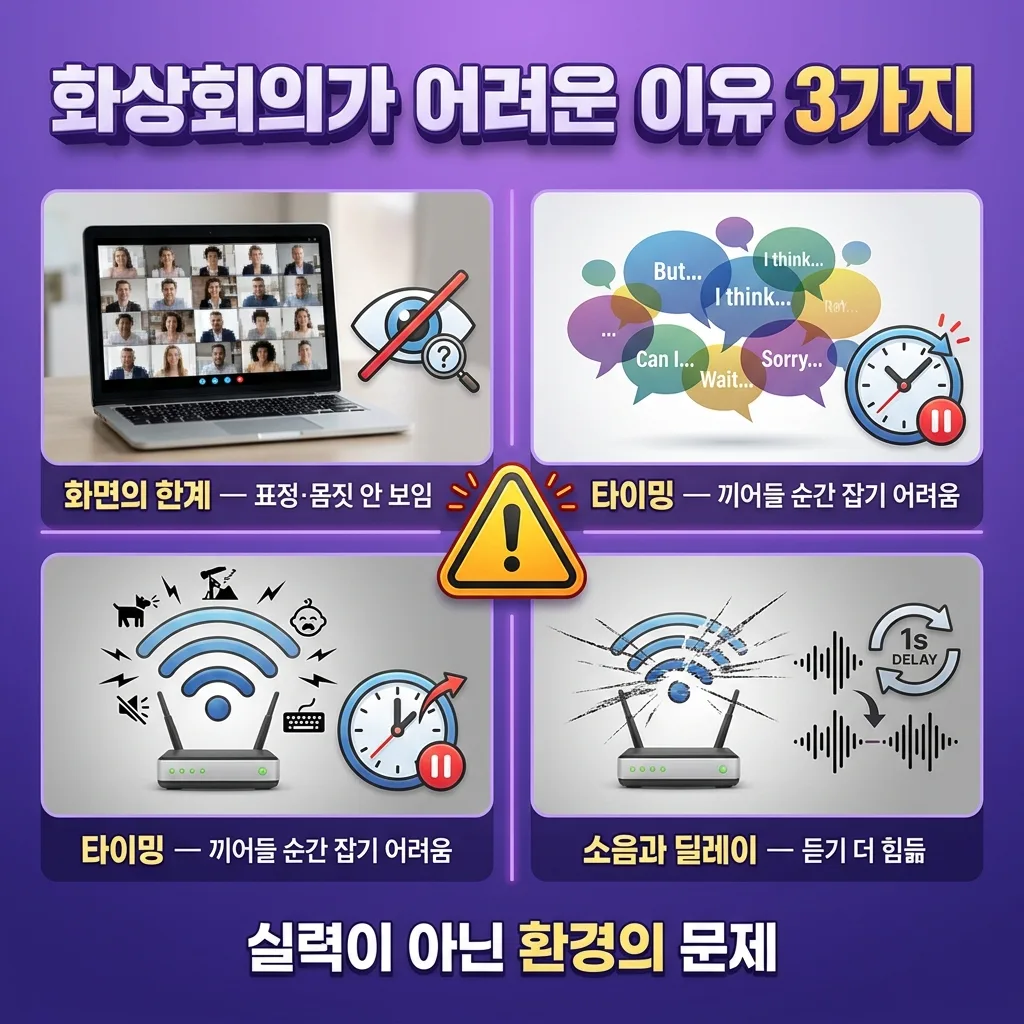 영어 화상회의가 유독 어려운 세 가지 화면 타이밍 소음을 정리한 도식