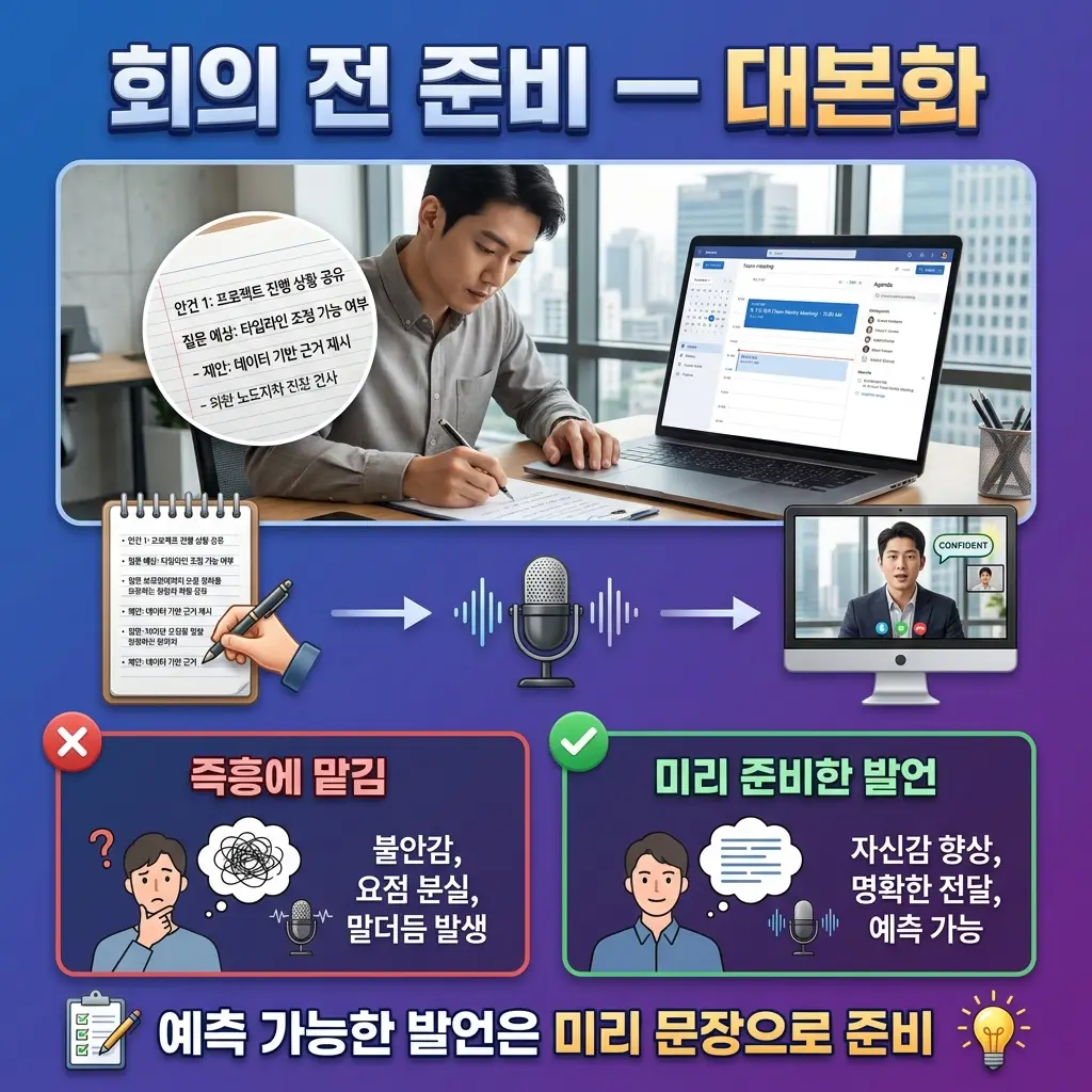 회의 전 예측 가능한 발언을 미리 대본화하는 준비법 인포그래픽