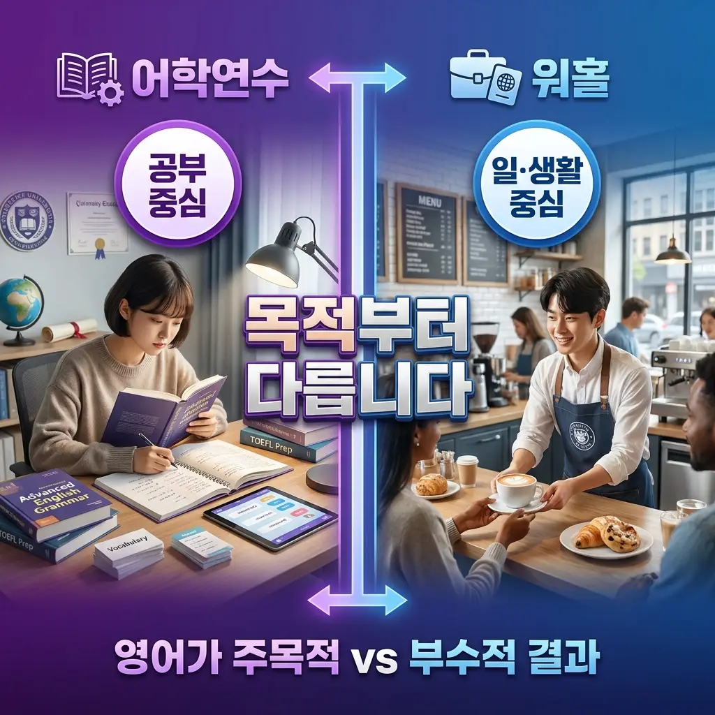어학연수와 워킹홀리데이의 목적이 다름을 보여주는 비교 인포그래픽