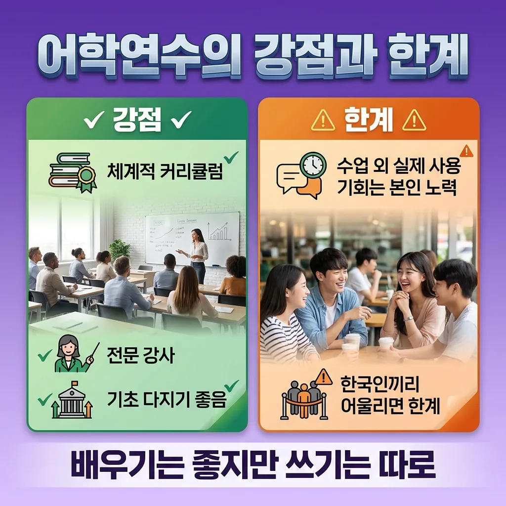 영어 향상 측면에서 어학연수의 강점과 한계를 정리한 도식