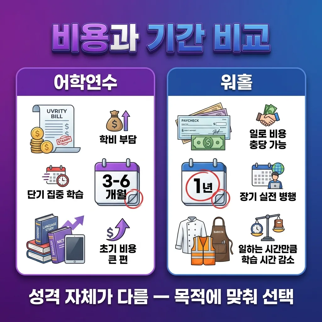 어학연수와 워킹홀리데이의 비용과 기간을 비교한 도표