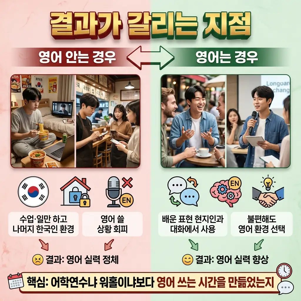 어학연수와 워홀을 다녀온 사람들의 영어 결과가 갈리는 지점 비교
