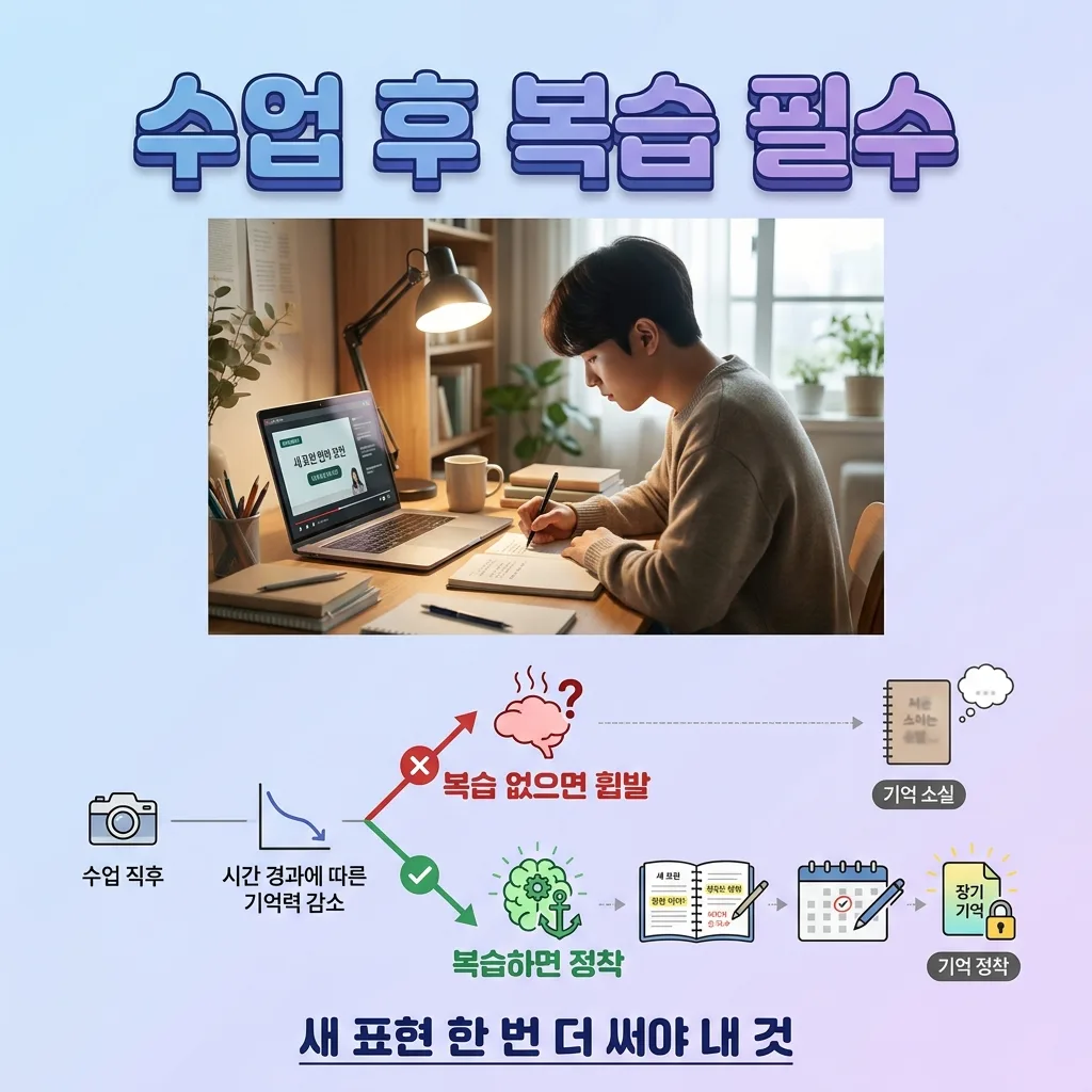 수업 후 복습 없이는 배운 표현이 휘발됨을 보여주는 도식