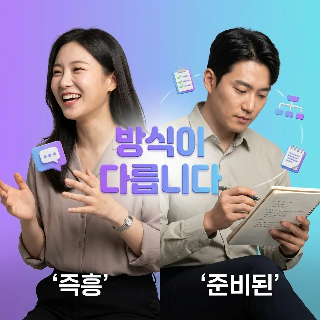 왕초보의 구조화된 프리토킹과 중급 이상의 자유 대화 차이를 보여주는 도식