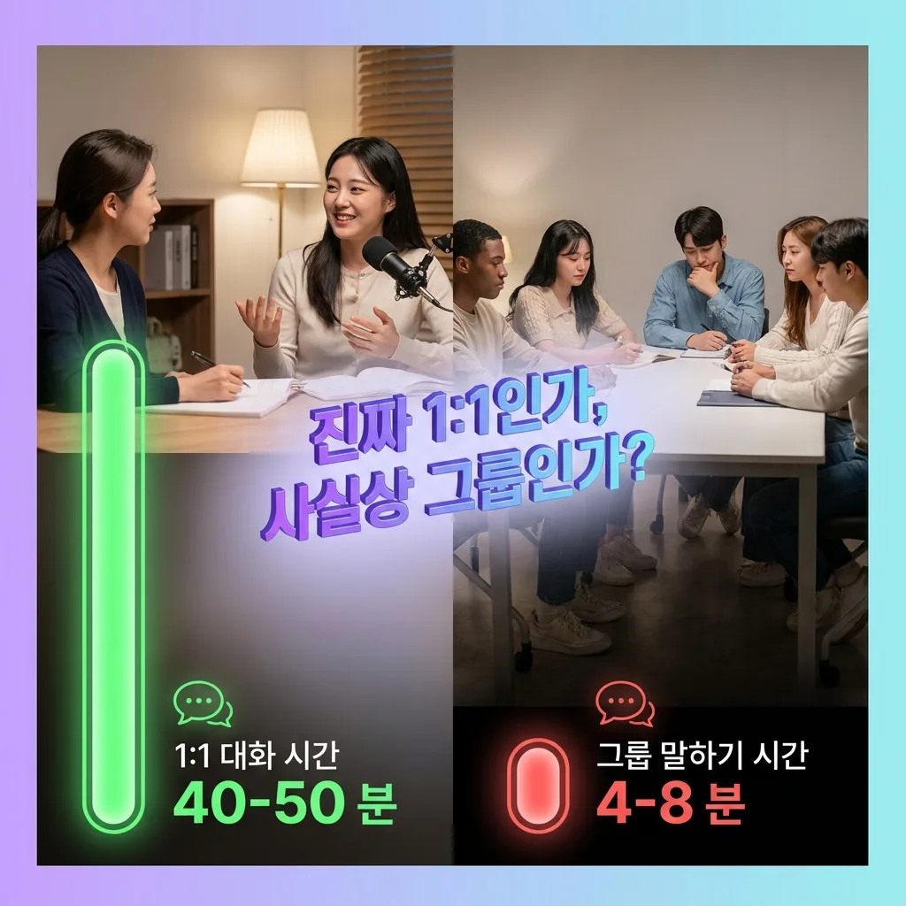 1:1 화상영어와 그룹 수업의 발화 시간 차이를 비교한 도식