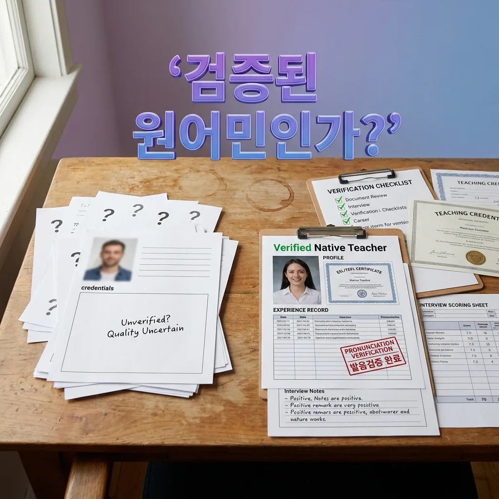 검증된 원어민 강사와 비검증 강사의 품질 차이를 보여주는 기준 2 카드