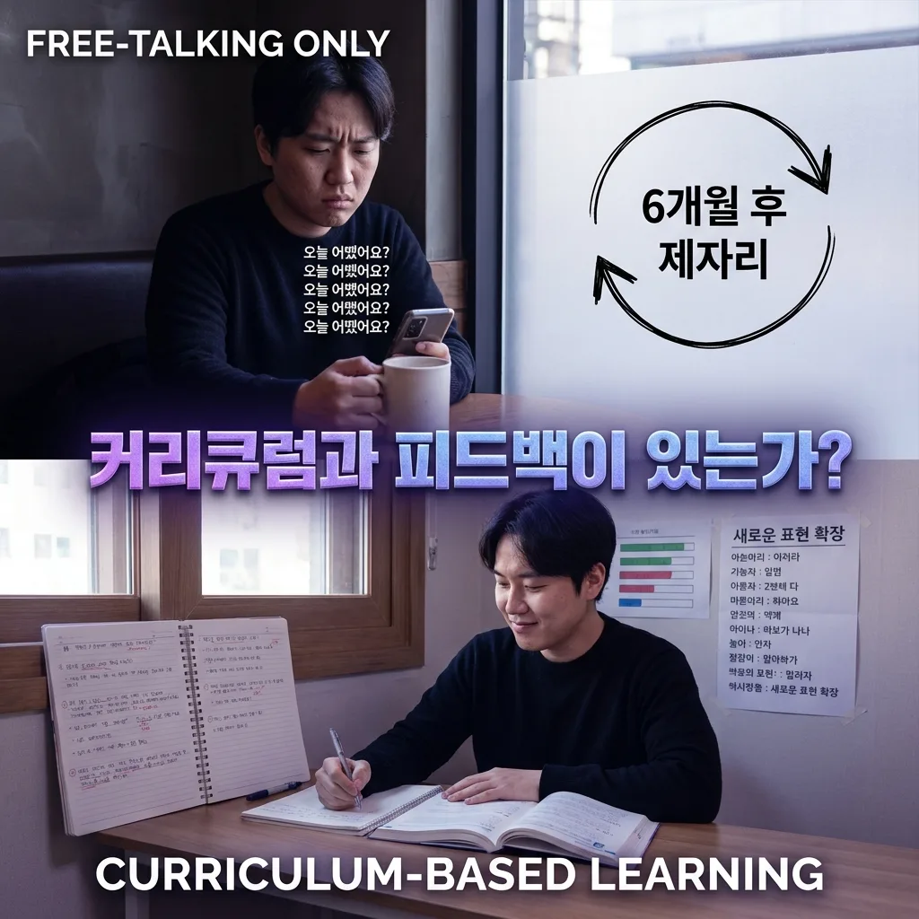 자유 대화만 반복하는 수업과 커리큘럼·피드백이 있는 수업을 비교한 기준 3 도식