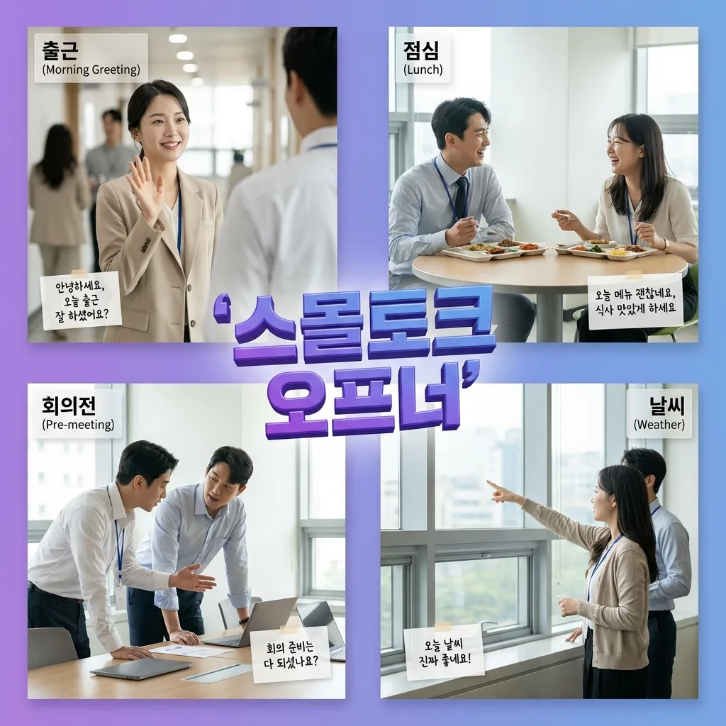 출근 점심 회의 전 상황별 영어 스몰토크 오프너를 정리한 카드