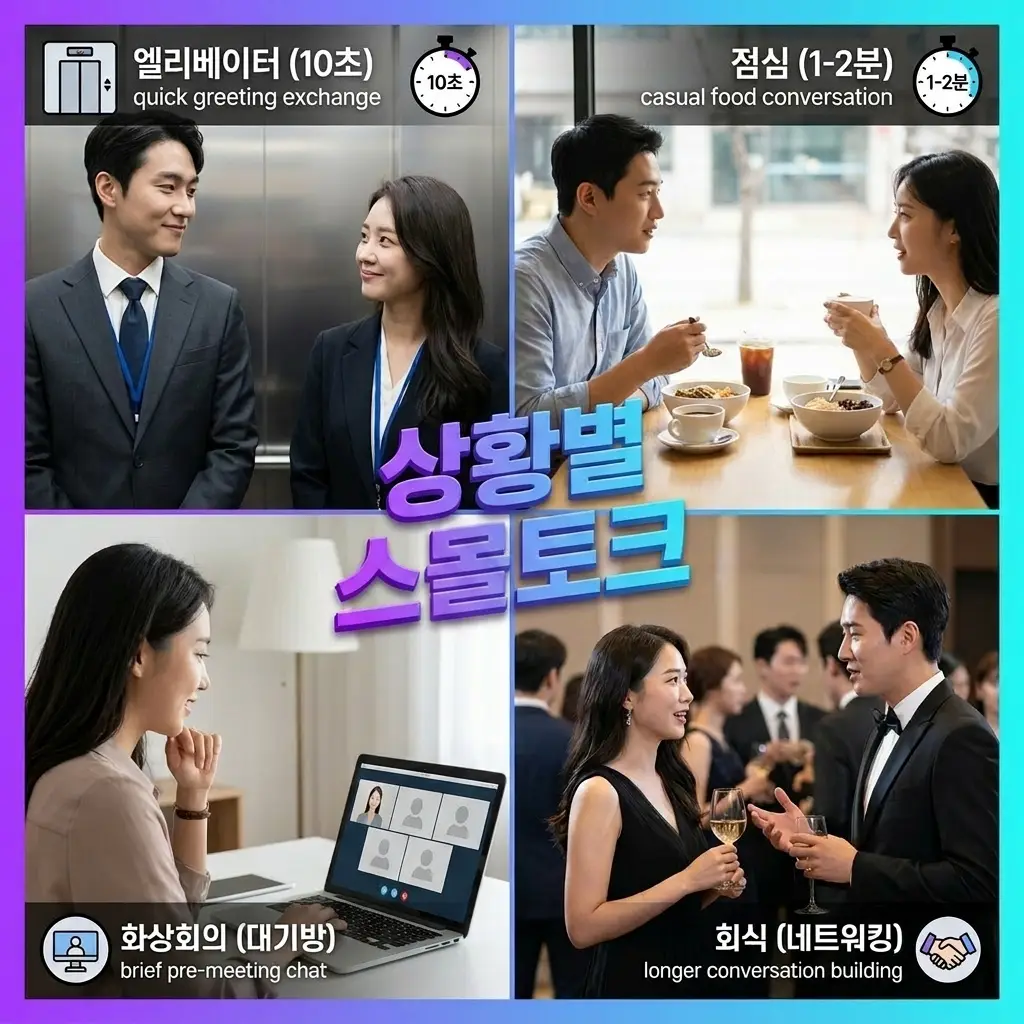 엘리베이터 점심 화상회의 대기 회식 상황별 영어 스몰토크 길이 가이드