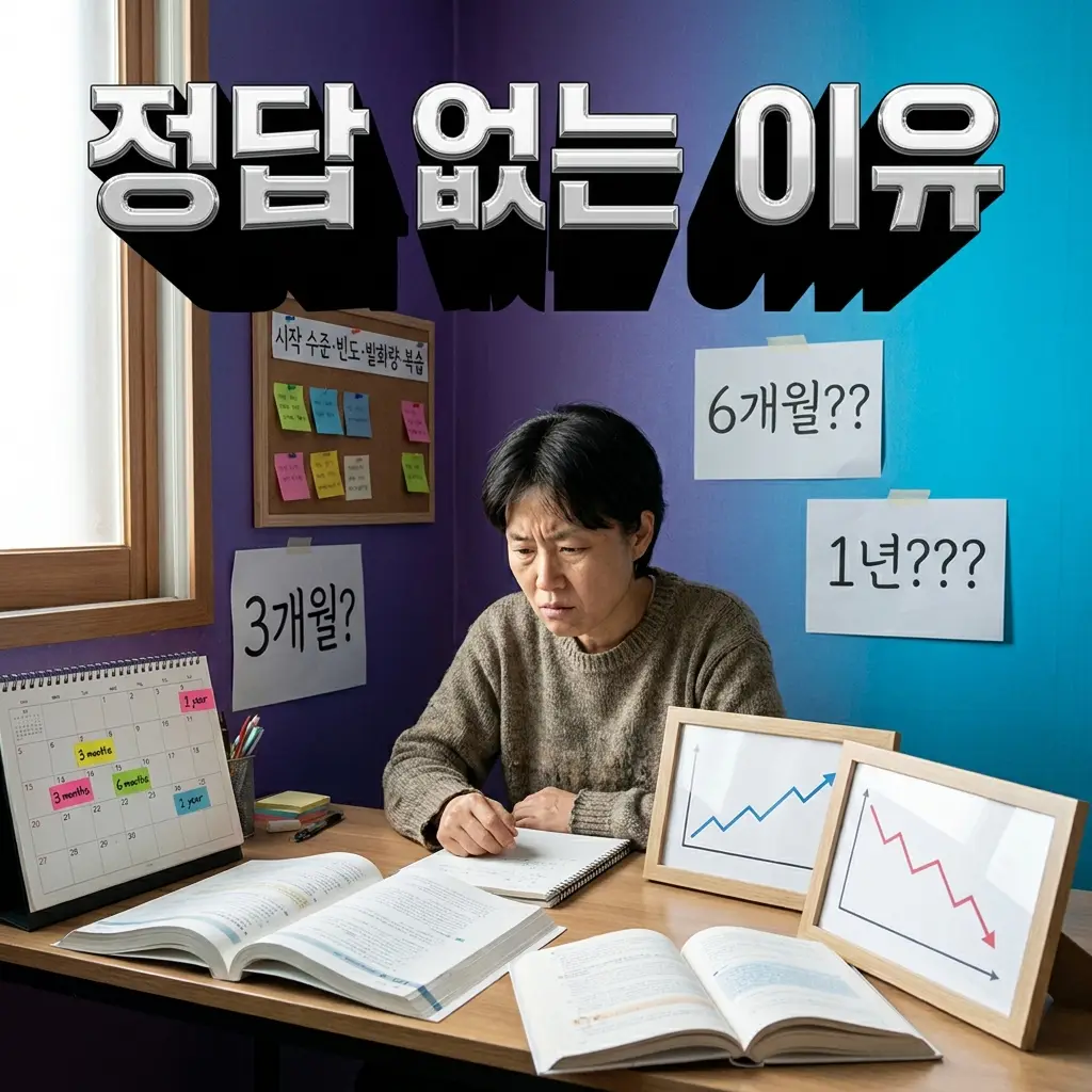 영어회화 학습 기간에 정답이 없는 이유와 결과를 가르는 변수를 보여주는 인포그래픽