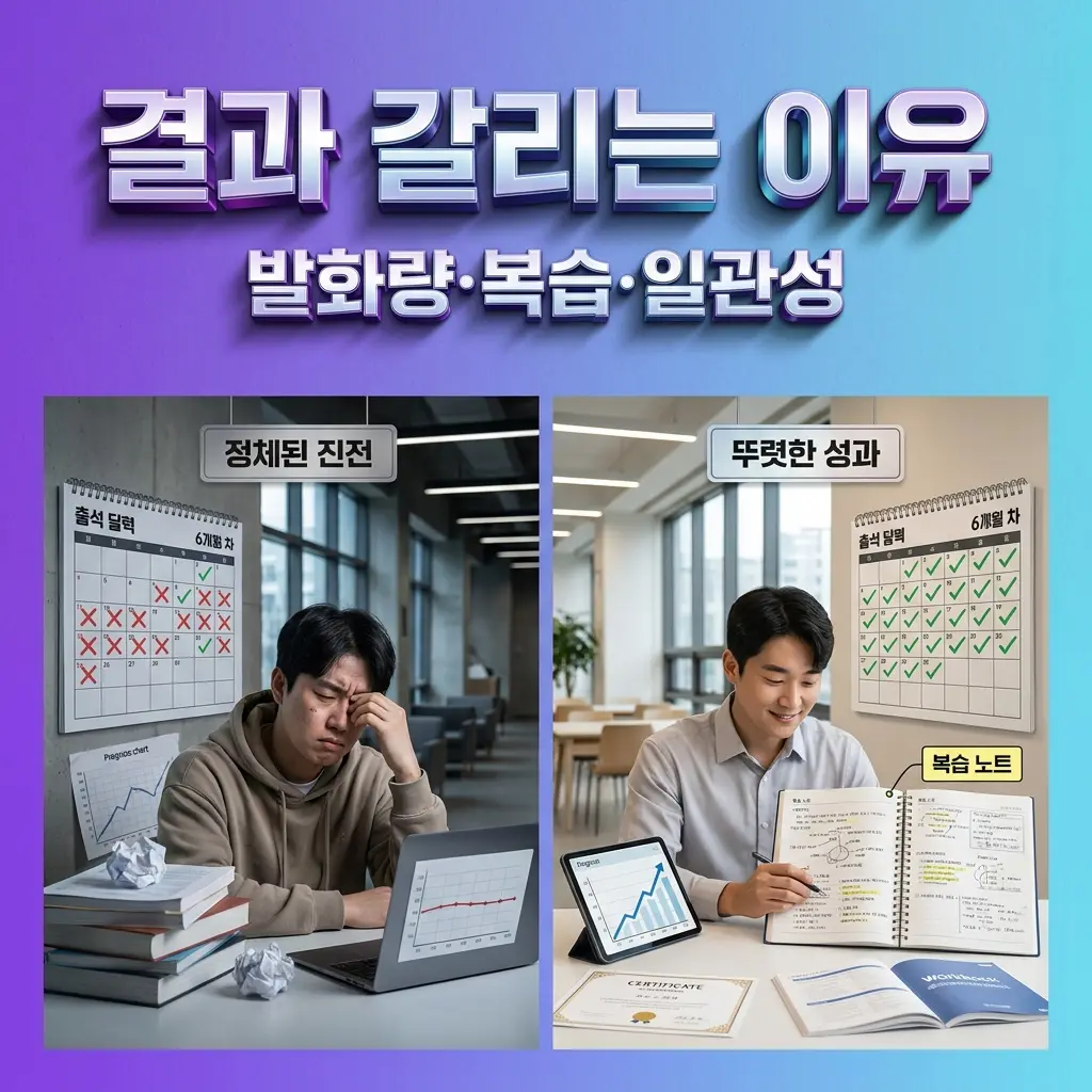 같은 기간에도 복습과 일관성에 따라 결과가 갈리는 이유를 비교한 카드
