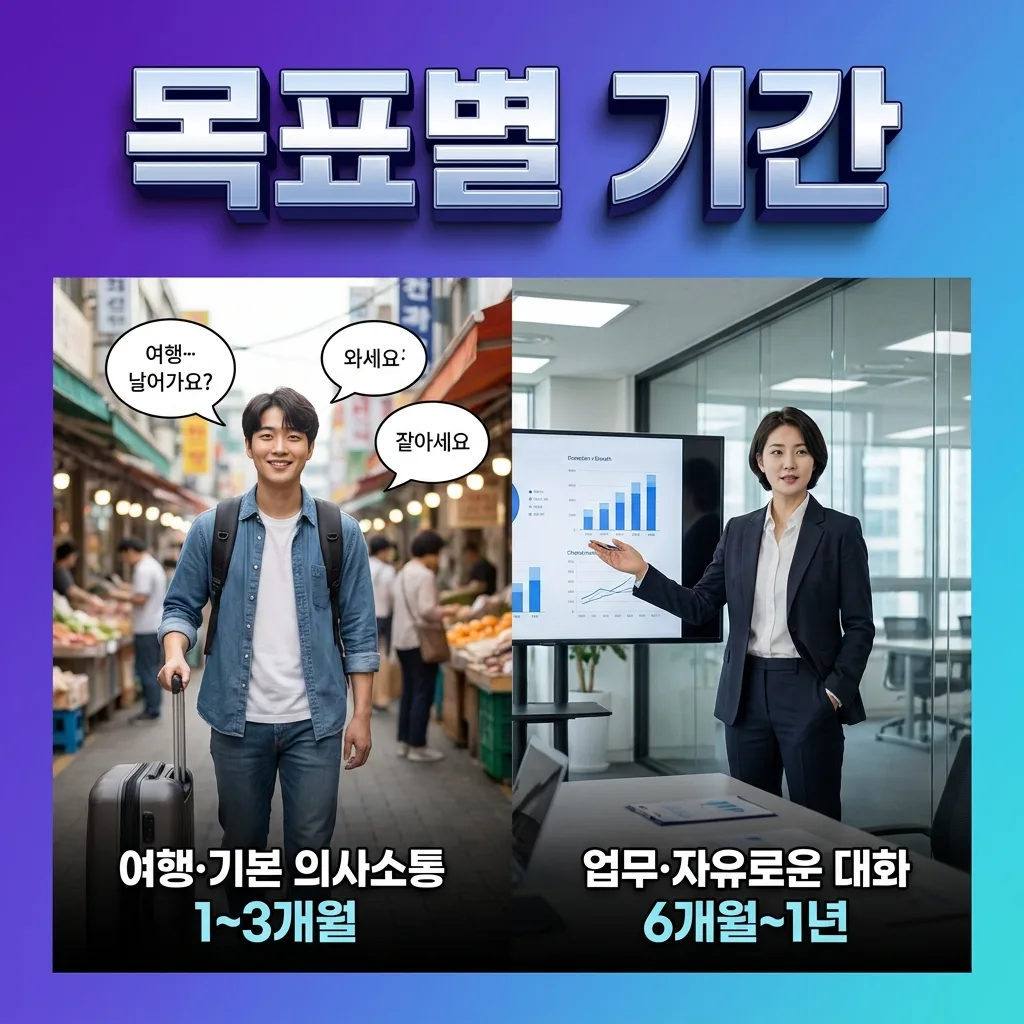 여행 목표와 업무 목표별 영어회화 학습 기간 기준을 정리한 가이드