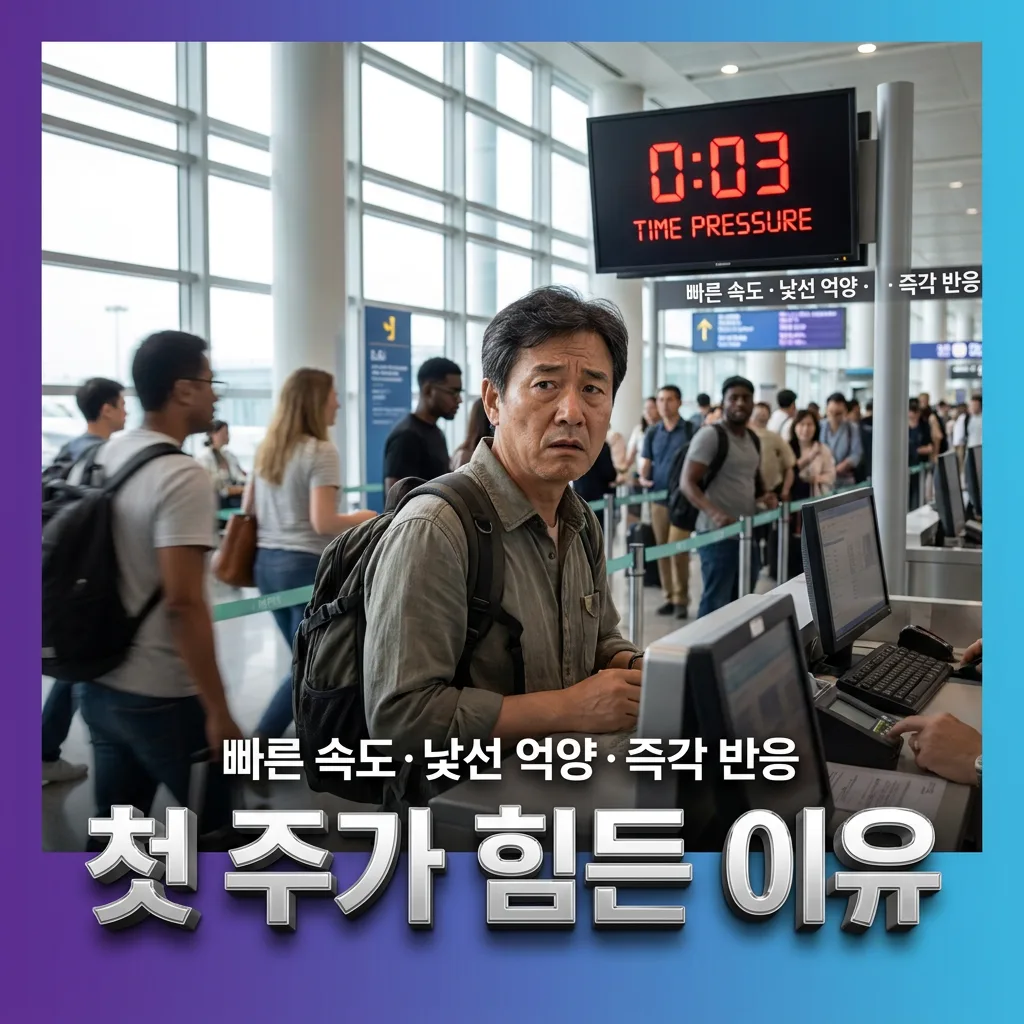 교재 영어와 실시간 현지 대응의 차이를 보여주는 도식