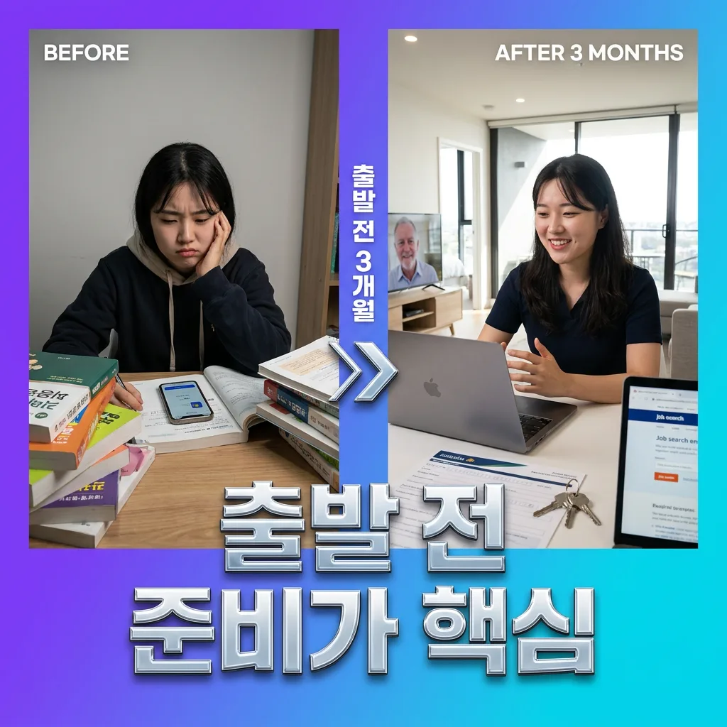 출발 전 3개월 화상영어 준비가 현지 적응을 좌우함을 보여주는 Before After 도식