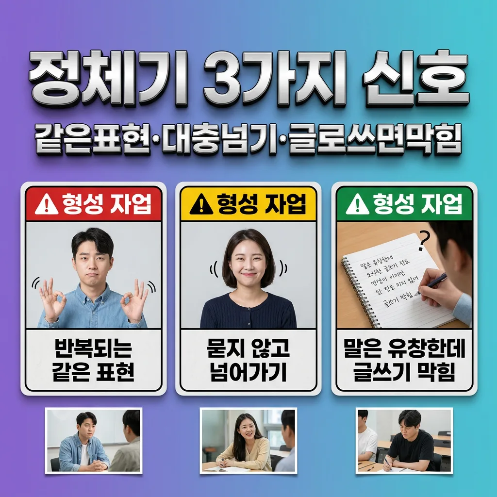 영어 중급 정체기의 세 가지 신호를 정리한 체크리스트 도식