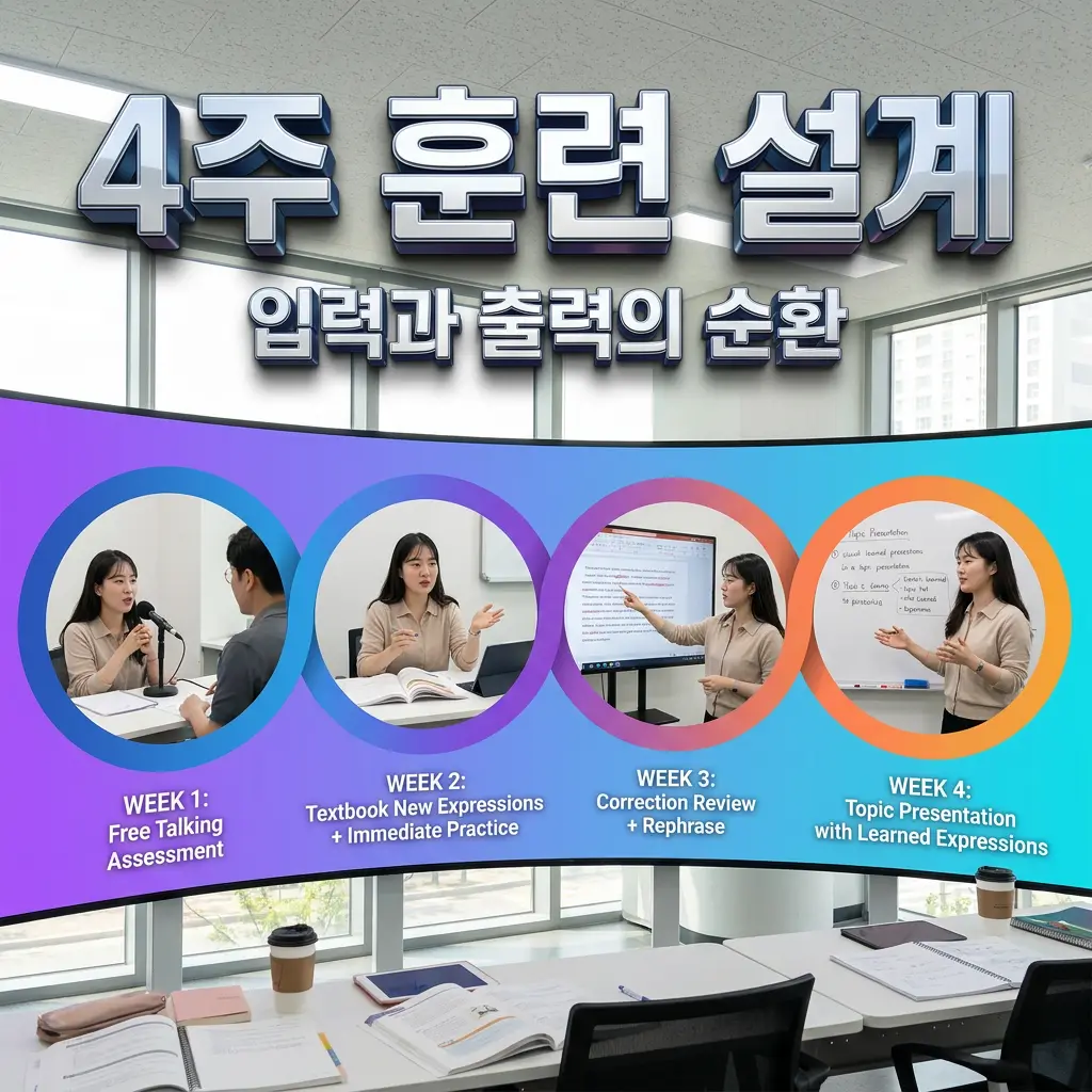 프리토킹 교재 복습을 결합한 중급 4주 훈련 설계를 정리한 도식