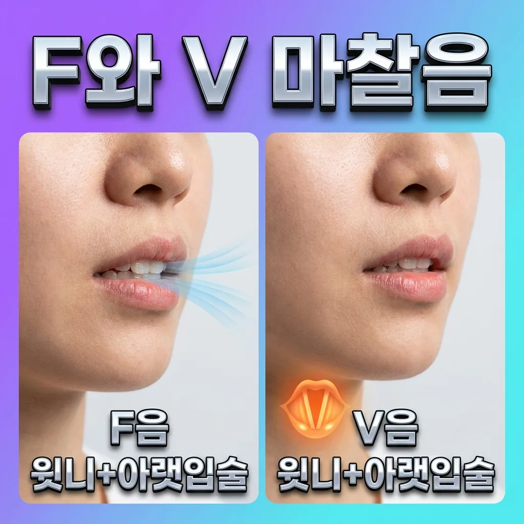 F와 V 발음을 위한 윗니와 아랫입술의 위치를 보여주는 인포그래픽