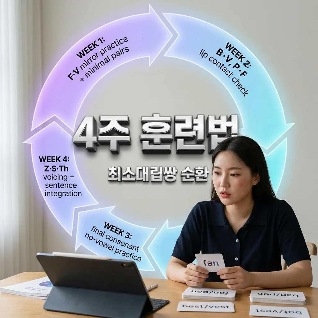 최소대립쌍으로 귀와 입을 함께 훈련하는 자음 4주 설계 도식