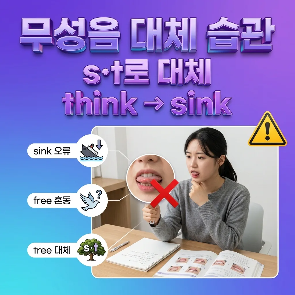 think를 sink로 잘못 발음할 때 혀가 s 위치로 물러나는 모습을 비교한 일러스트