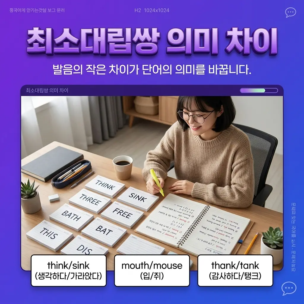 think·sink, three·free, mouth·mouse 등 th 최소대립쌍 단어를 비교한 인포그래픽