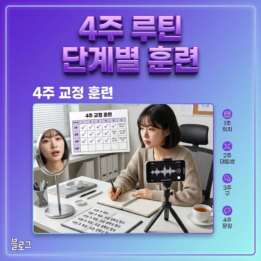 4주간 th 발음 교정 훈련 단계를 주차별로 정리한 로드맵 인포그래픽