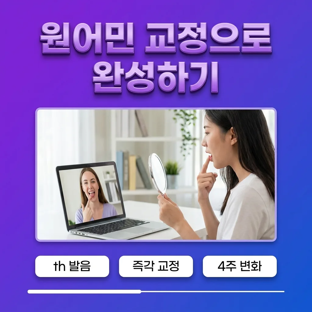 원어민 강사가 학습자의 th 발음을 실시간으로 교정해주는 화상 수업 장면